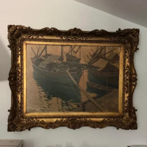 Opera autentica di Cesare Esposito, intitolata Barche con pescatori