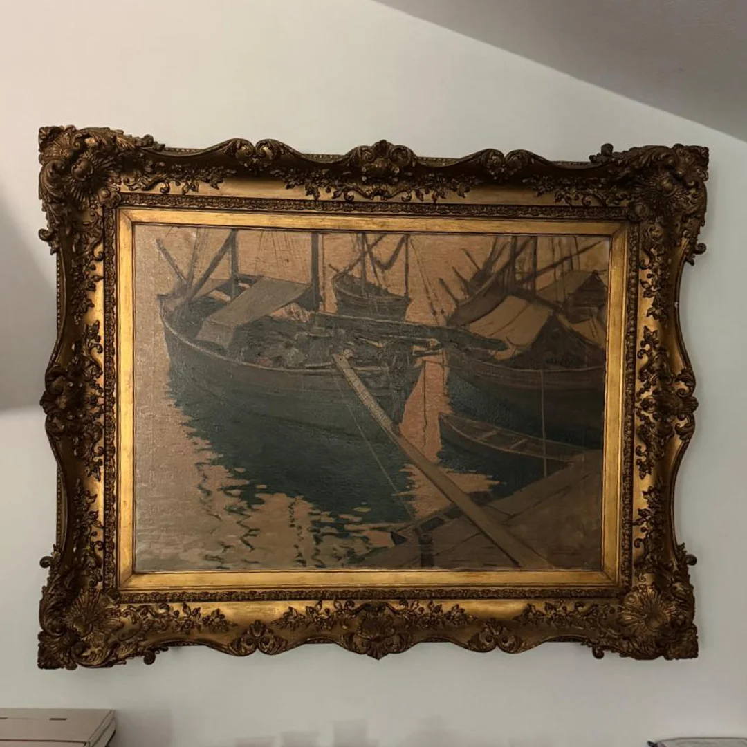 Opera autentica di Cesare Esposito, intitolata Barche con pescatori